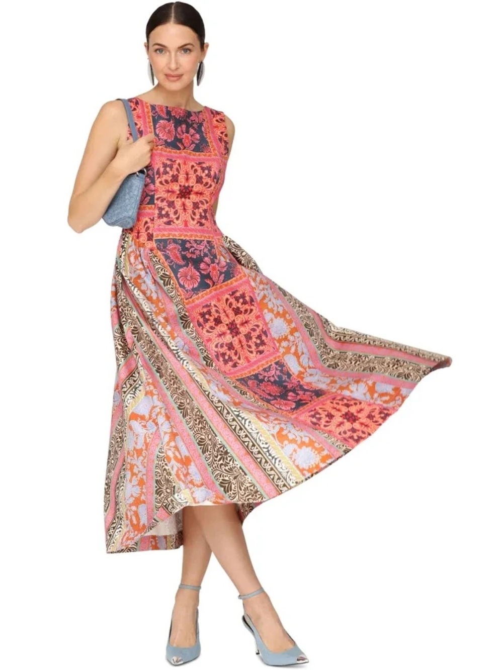 Avec Les Filles Patchwork Scarf Printed Cotton Midi Dress